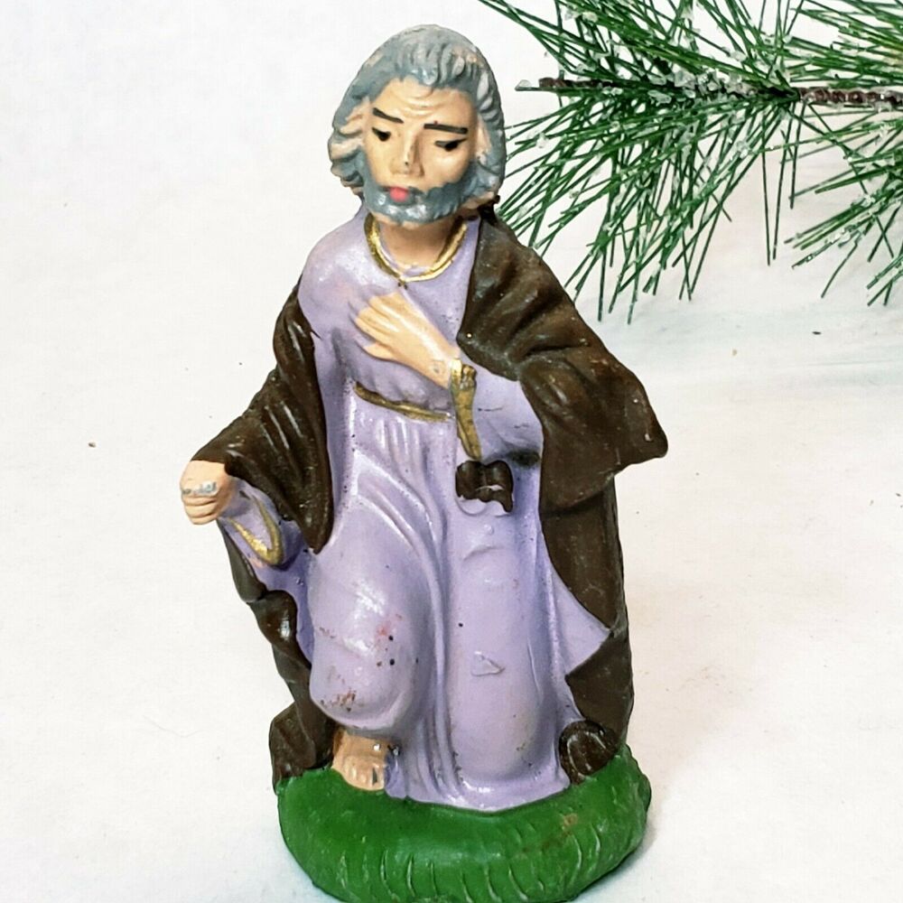 Vintage OLD Joseph Chalkware Nativity Creche Figure Joseph 3.5 Italy Purple robe